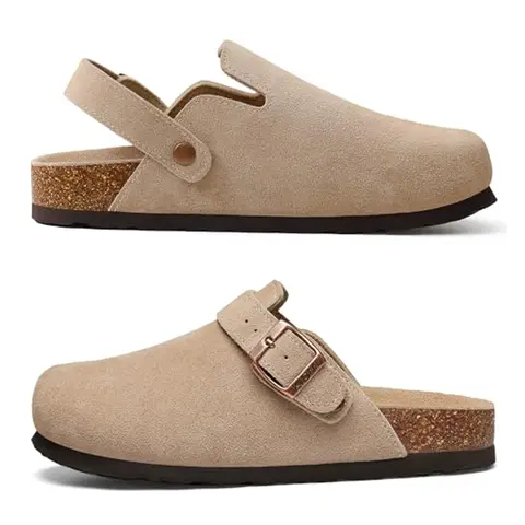 Pallene Fashion Women's Clogs Slippers With Adjustable Buckle Outdoor Leisure Unisex Potato Shoes Cork Footbed Cow Suede Mules