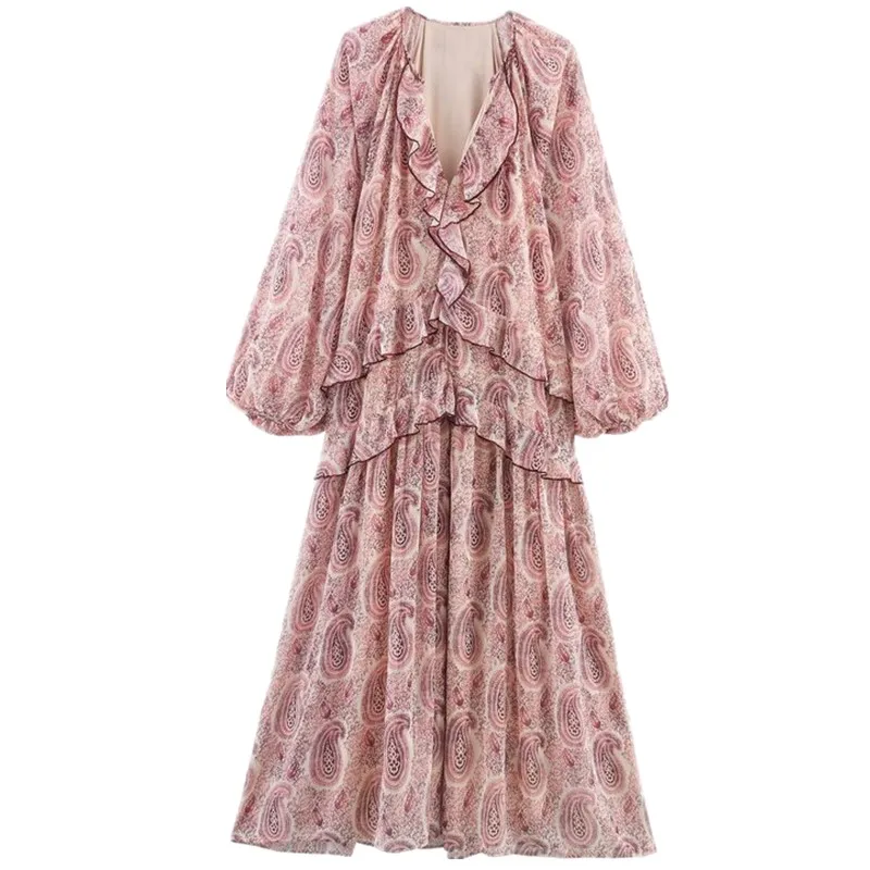 E em camadas decoração imprão vestido de manga longa nova coleção verão moda fena estilo viagem com decote em v...