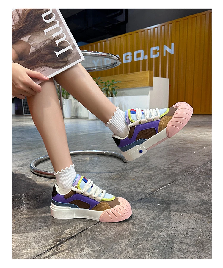 Macaron-Farbblock-Skateschuhe aus Kunstleder für Damen, Wave-Shell-Zehenkappe, Schnürschuhe, Low-Top-Sneaker mit pastellfarbenem Kontrastbesatz – Detail 12