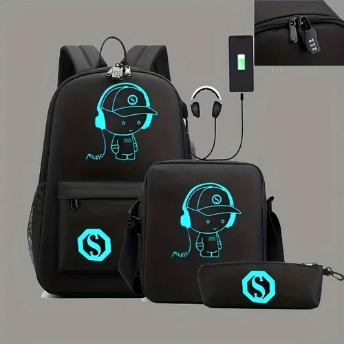 Mochila de moda para niñas y niños, mochila escolar luminosa con carga USB para estudiantes, mochila escolar para adolescentes, mochila 3 uds
