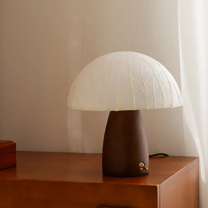 SANDYHA Japanese Bedside Table Lamps Mushroom Lampshade Black Walnut Wood Lamp Body Living Room Lights Bedroom Decoration Home