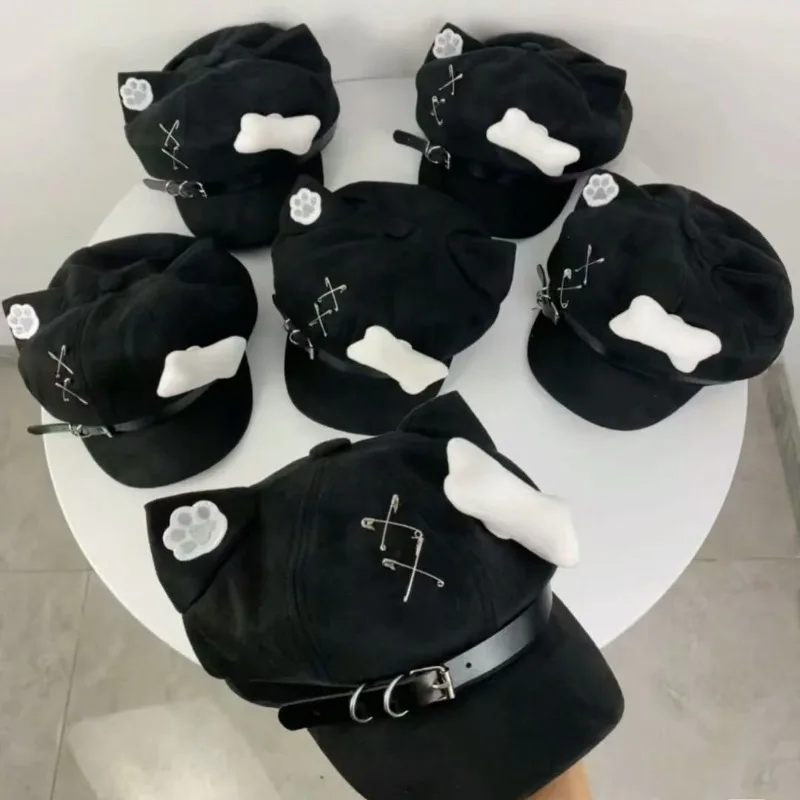 Harajuku Subculture Cute Bone Splicing Design Cat Ear Cops Japanese Y2k Kawaii Beret Ins Punk Hottie Hat Women's Vintage Hats