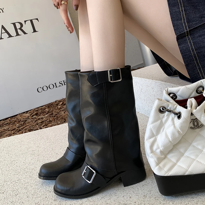 

2024 New Genuine Leather Buckle Boots for Women Square Med Heels Autumn Winter Boots Fashion Female Slip on Mid Calf Boots