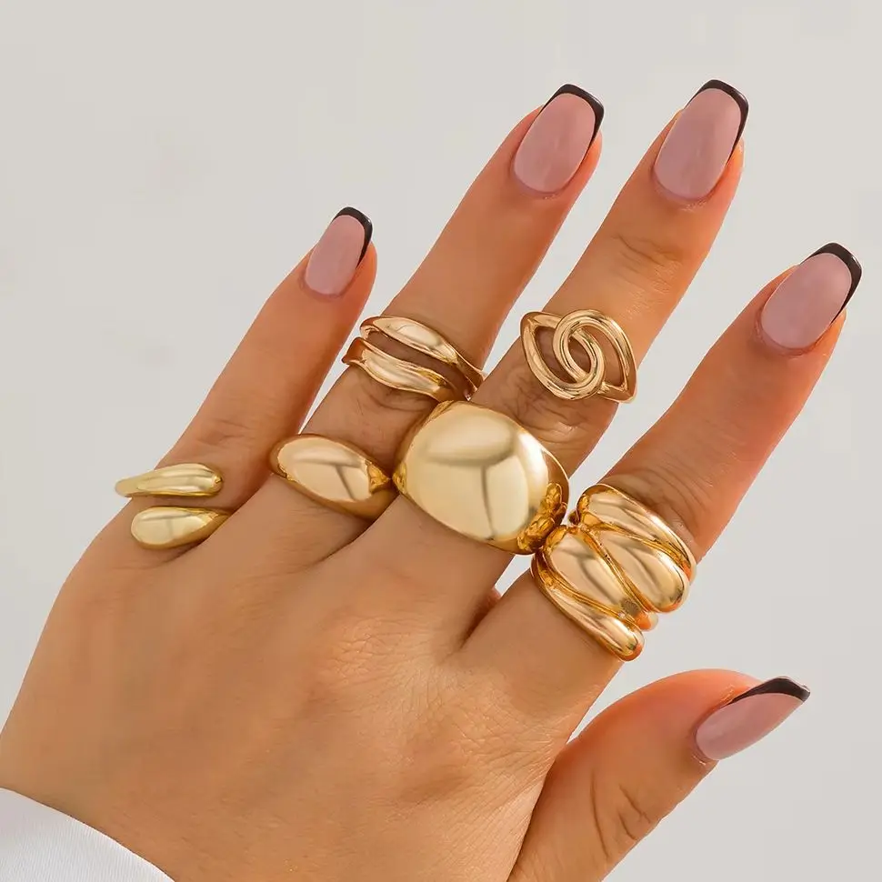 SHIXIN 6Pcs Punk Geometric Round Open Rings Set Women Personality Adjustable Finger Rings Party Jewelry 2025 New Accessories