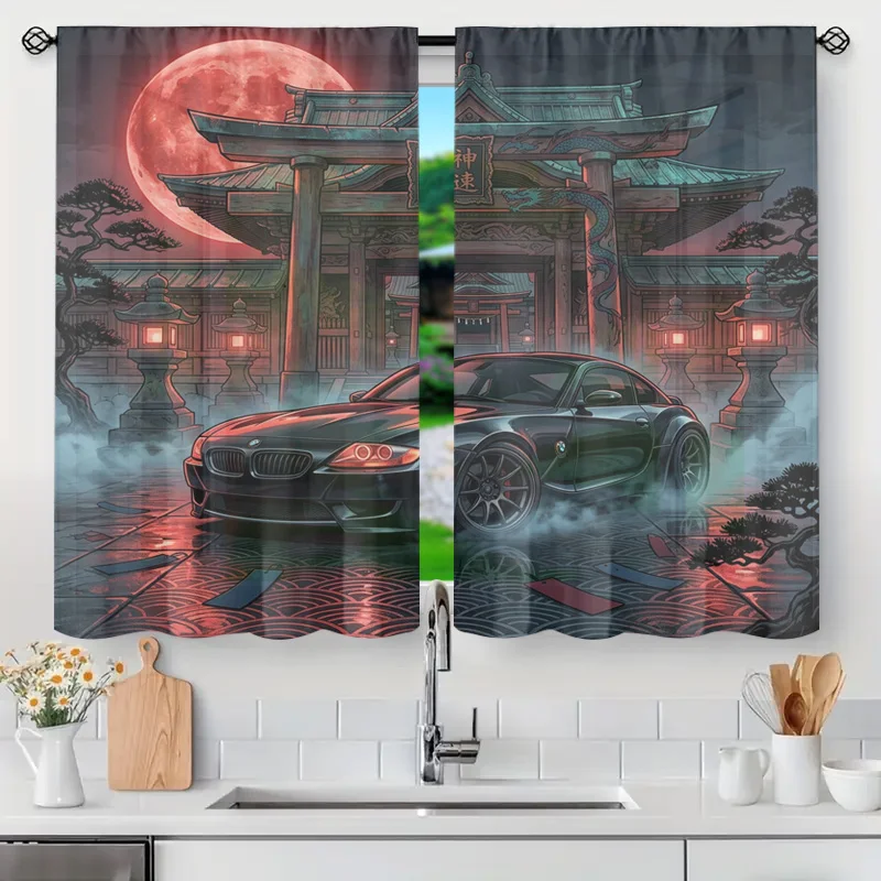 Dramatic Chinese Pagoda Moon and Luxury Car Art Window Curtain Home Decoration Drapery Panel for Bathroom Kitchen Room Decor