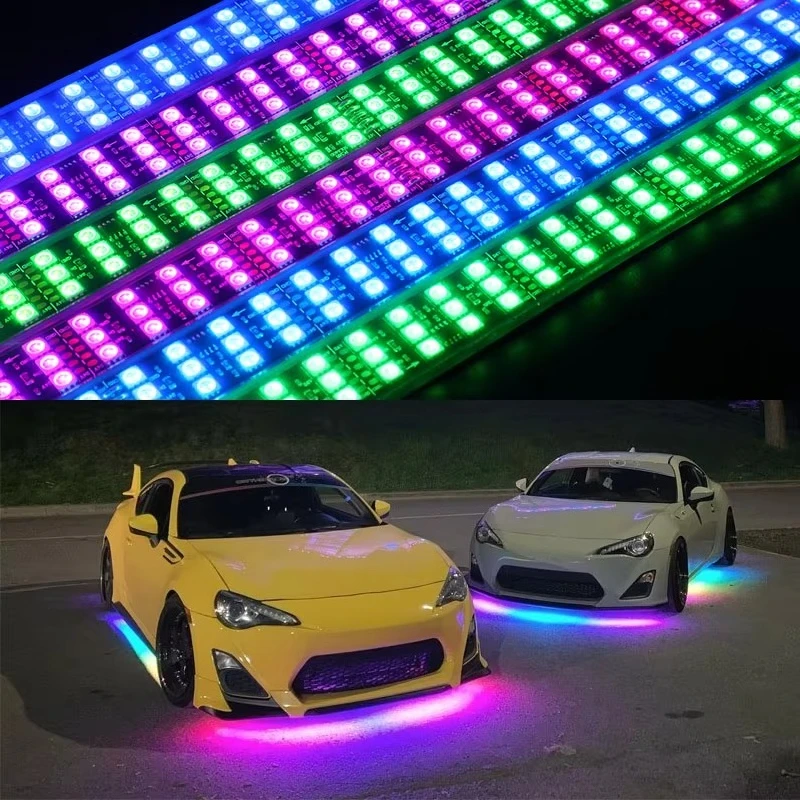

New Arrival Triple Row Under Glow IP68 Waterproof Flowing RGBIC Underbody LED Car Chasing 3 Row Underglow Light Kit for Cars