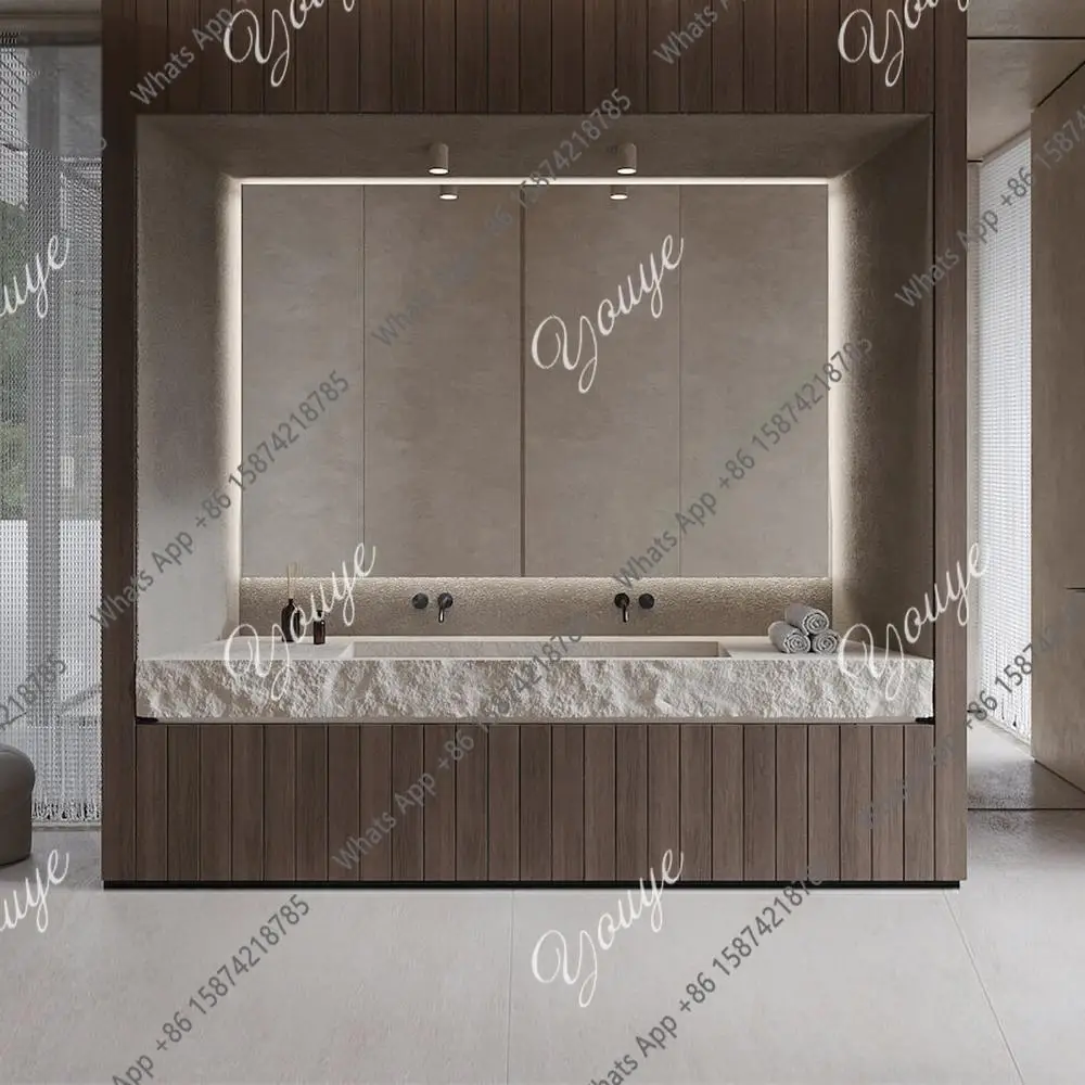 

Vintage Travertine Double Sink Console Textured Undermount Basin with Concealed Drain, Mid-Century Cultured Stone Vanity