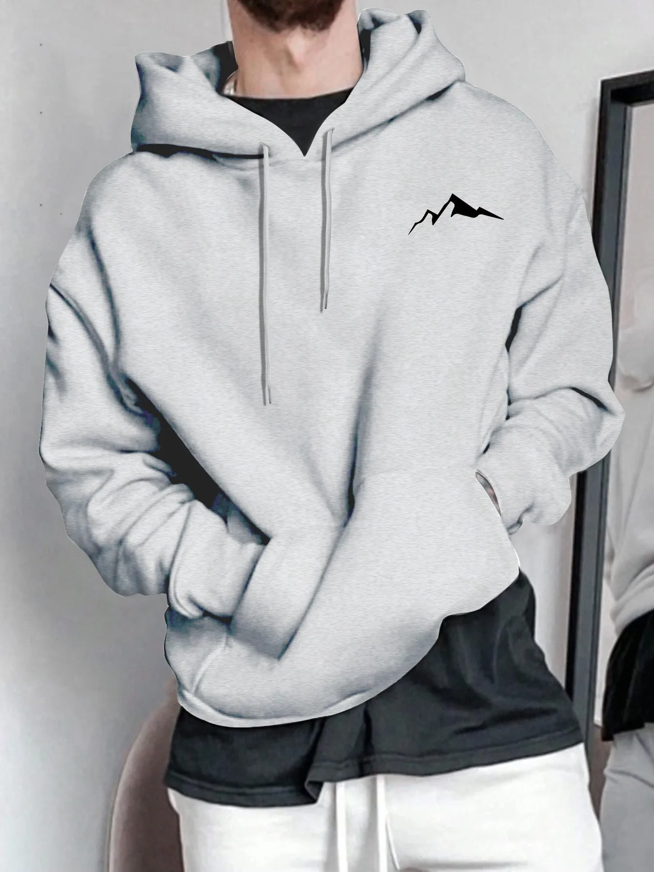 Adulte hommes imprimé montagne élément automne hiver cordon poche quotidien Simple en plein air mode tendance chaud pulls à capuche