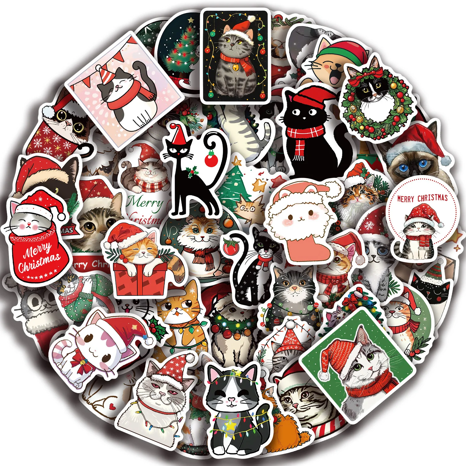 50pcs Cute Christmas Cat Graffiti Stickers Aesthetic DIY Luggage Bike Phone New Year Gift Decoration Sticker Toy