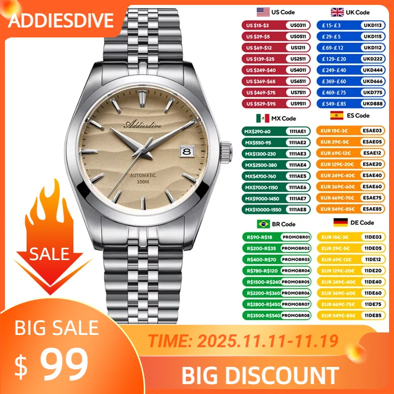 ADDIESDIVE Men's Watch Sand Dial 39mm Automatic Mechanical Watches 100m Diving Stainless Steel Watch Sapphire Glass WristWatches