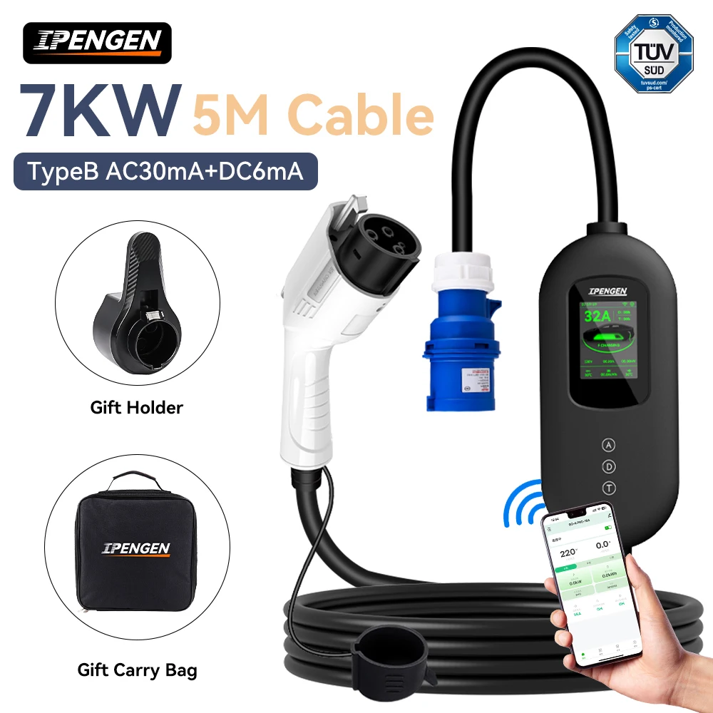 

IPENGEN TUV EV Charger 7KW 32A 1Phase 5M Length Car Charger Type1 SAE J1772 Portable Charging Safety for Electric Vehicle