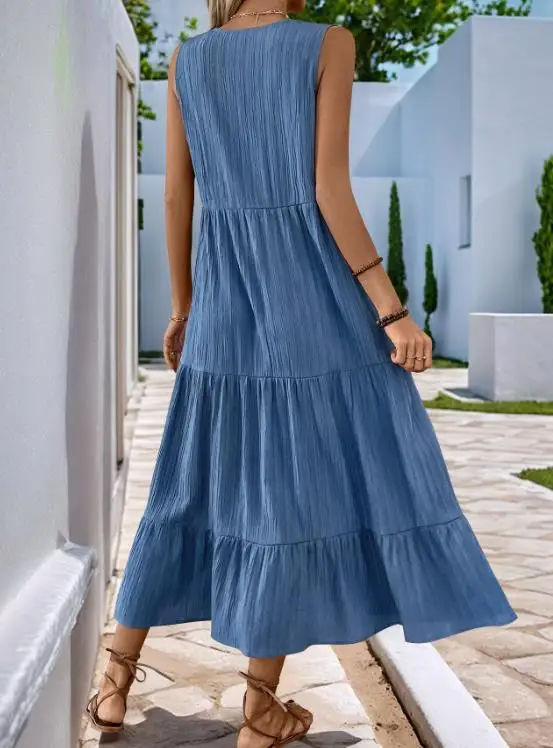 

Summer Solid Color V-Neck Button Decoration Sleeveless Vest Dress for Women's Casual Loose Vacation Beach Style A-Line Dress