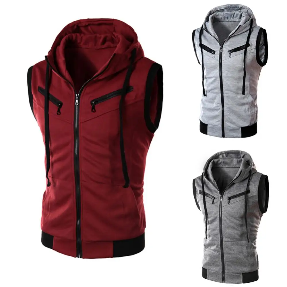 

Hip Hop Raglan Everyday Hoodies Vest Warm Pullover Color Block Summer Sports Men Zipper Sleeveless Fitness Hoodies Hooded Vest