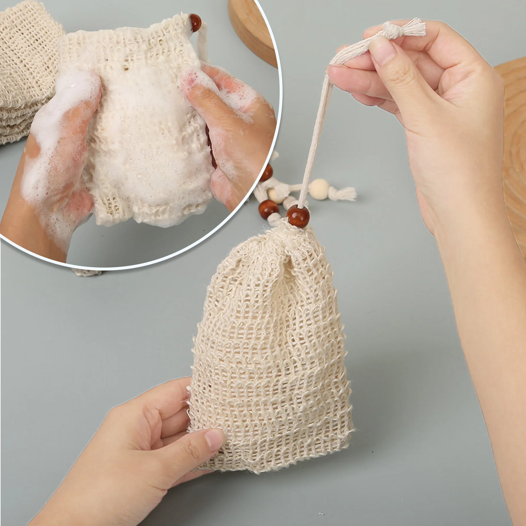 حقيبة حفظ الصابون من القطن والكتان الطبيعي، قطعتان من الرغوة الغنية برباط خشبي لتقشير الصابون للتنظيف اللطيف
