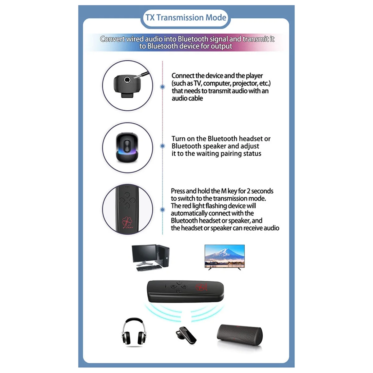 

AB20-5.2 Bluetooth Transmitter Receiver Two-In-One Car 3.5 TV Computer Aircraft Audio Transmitter Adapter