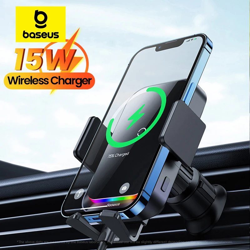 Baseus Car Phone Holder 15W Wireless Charging Stand with RGB Light For Iphone Xiaomi Samsung Car Mobile Support Car accessories