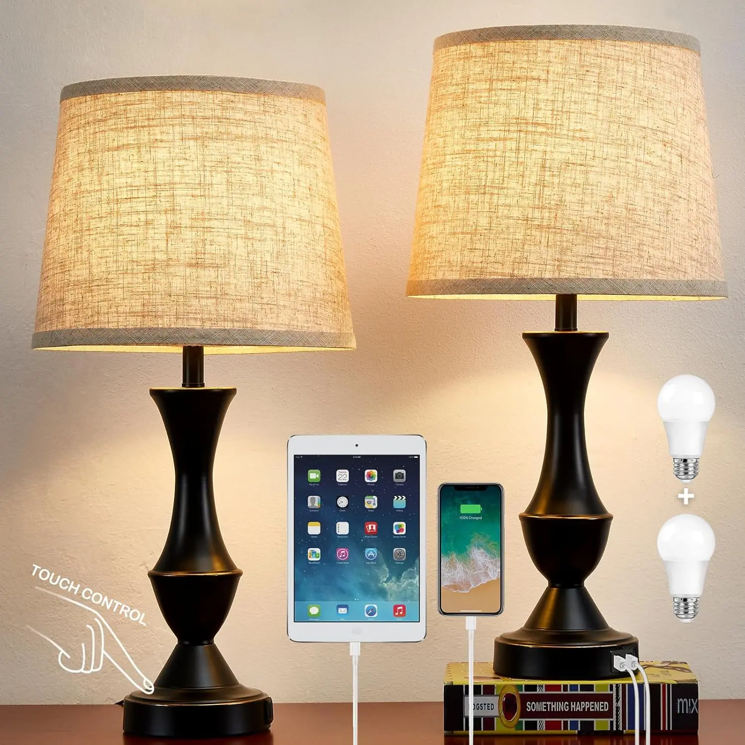 Conjunto de 2 Luminárias de Mesa com Controle de Toque, 22 Polegadas de Altura com Portas USB C+A para Quarto, Sala de Estar, Escritório