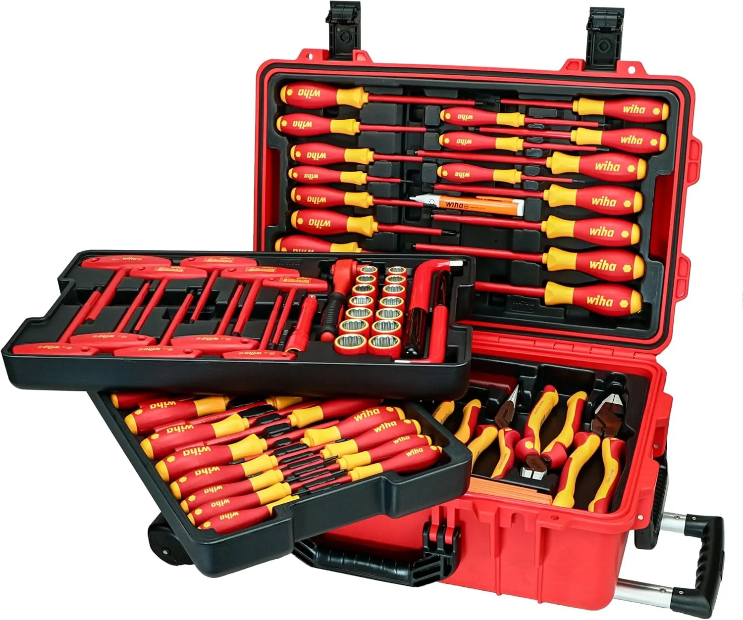 Wiha 32800 Insulated Tool Set with Screwdrivers, Nut Drivers, Pliers, Cutters, Ruler, Knife and Sockets in Rolling Tool Case