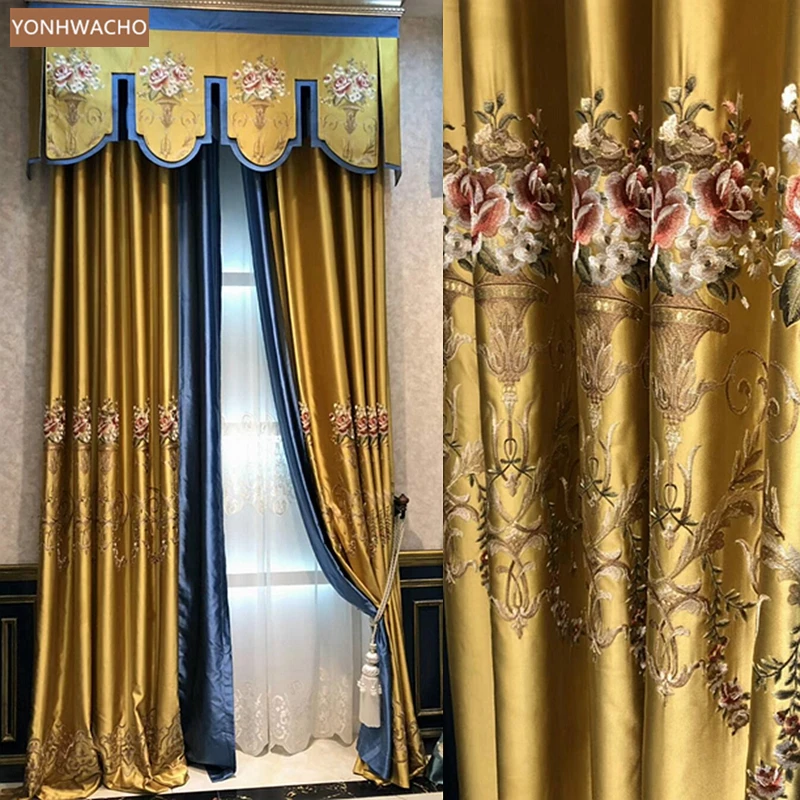

high-precision embroidered blue gold cloth curtain valance tulle drapery C762