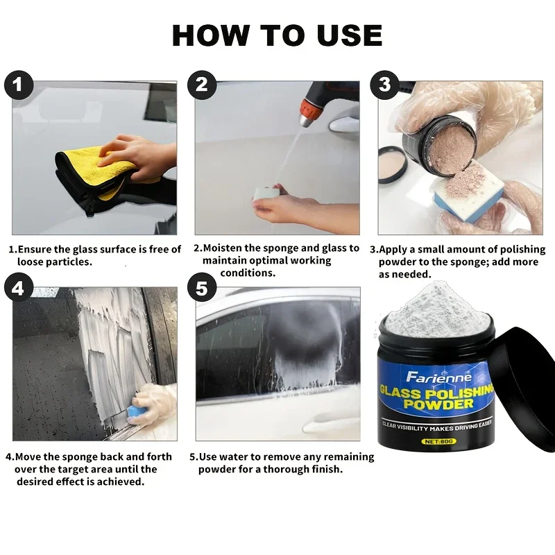 Усовершенствованный порошок для полировки стекла удаляет царапины и пятна, быстрая полировка, усилия ясность лобовых стекол и зеркал автомобиля.