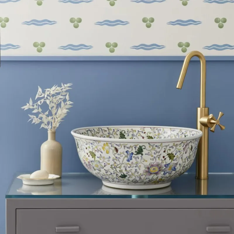 High-quality ceramic art basin sink with hand-painted pink butterfly pattern and floral design