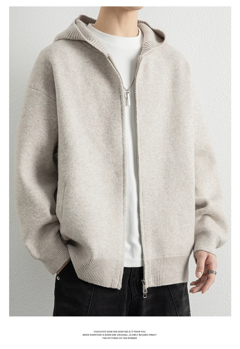 Legible Autumn Winter Casual Sweaters Men Solid Color Hooded Sweatercoats Male Loose Zip-up Knitted Cardigan Man