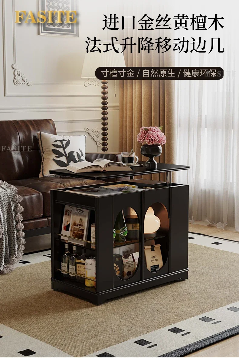 

French retro style solid wood living room side table removable sofa side table side cabinet trolley coffee table