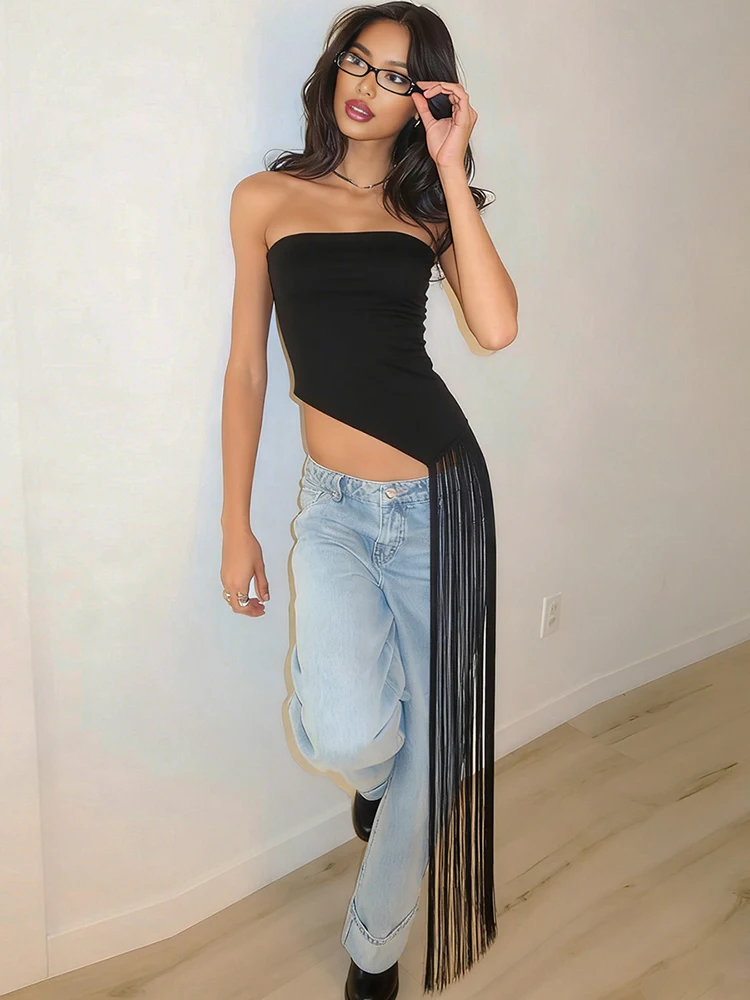 Weird Puss Tassel Decoration Tank Tops Woman Sexy Wrap Chest Backless Skinny Stretch Hot Girls High Street Fashion Style Vests