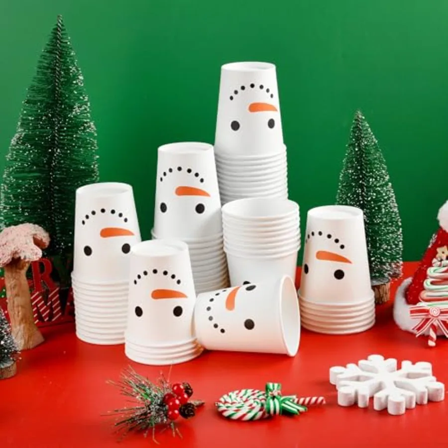 100Pcs Christmas Snowman Party Cups Xmas Disposable Paper Cups Festive Winter Smiling Snowman Face 9 Oz Drinking Cups for Bever