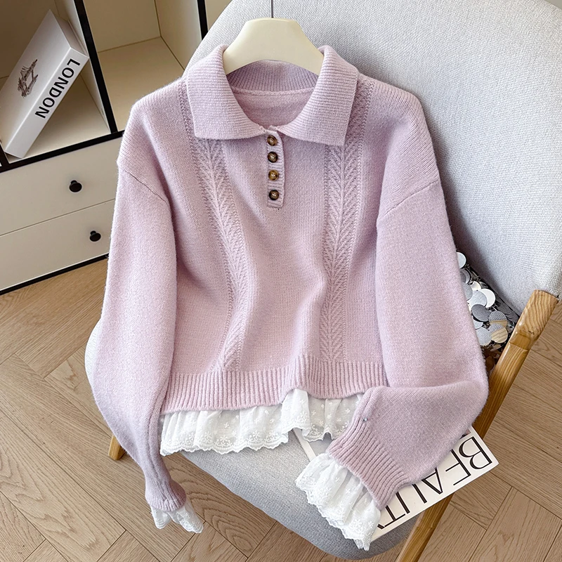 REALEFT Autunno Inverno Lavorato A Maglia Polo Collare Maglioni da Donna 2025 Nuova Manica Lunga Elegante Patchwork di Pizzo Coreano Allentato Pullover Top