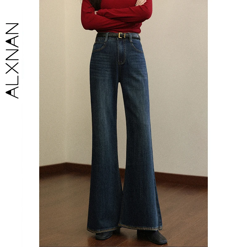 

ALXNAN Vintage Blue Straight Flared Jeans Autumn Wide-leg Women Cotton Denim Jeans 2025 Autumn Winter Casual Baggy Pants L57586