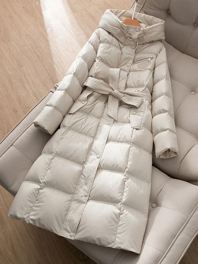 

Winter Long Hooded Down Jacket For Women Solid Color Simple Lace Up Puff Coat American Fashion High Street Female Thick Overcoat