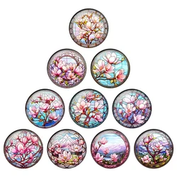 24pcs/lot Beautiful Pink Magnolia Flowers Patterns 8mm To 25mm Round Photo Glass Cabochon Demo Flat Back Making Findings H338