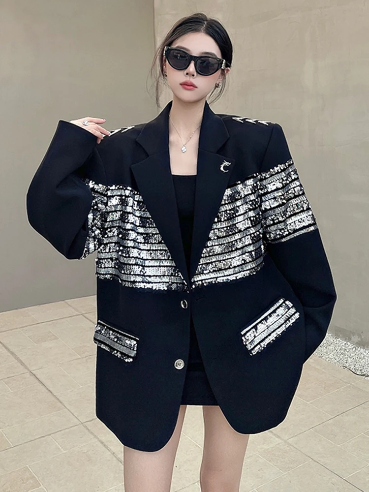 ZMEENNA Women Black Sequin Spliced Big Size Casual Blazer New Lapel Long Sleeve Fit Jacket Fashion Tide Spring Autumn 2024 ZM574