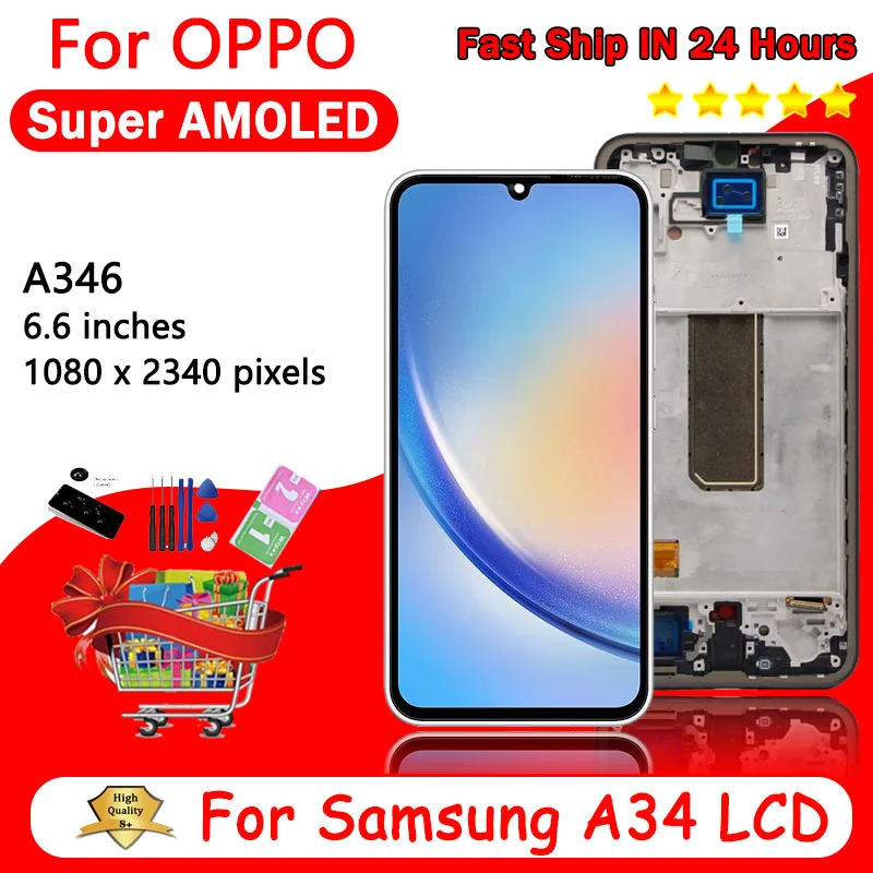 Super AMOLED A34 Display for Samsung  A34 5G LCD SM-A346B A346U A346E Display Touch Screen Digitizer Assembly Repair Parts