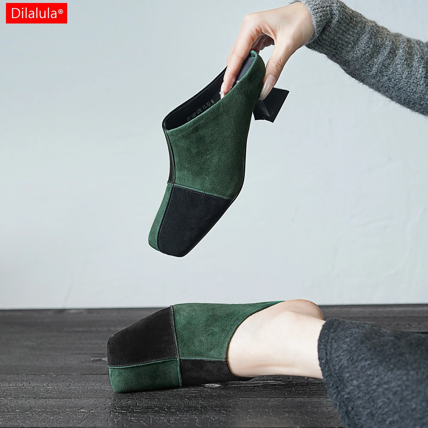 

Dilalula 2026 Elegant Kid Suede Slippers Women Covered Toe Mixed Color Med Heels Party Dating Slippers Female Party Dating Shoes