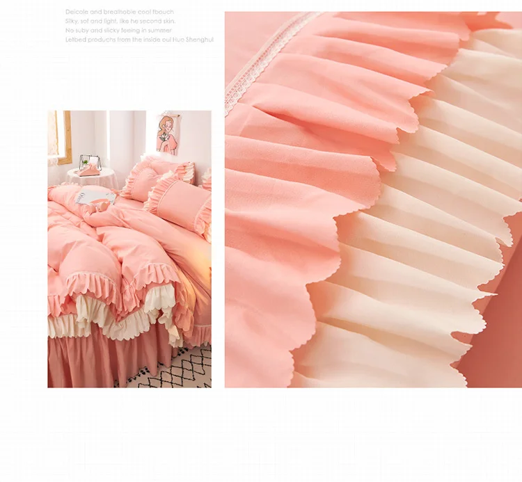 Rosa Spitze Rüschen Bettwäsche Set Luxus Bett Rock Blatt Tagesdecke Koreanische Bettbezug Mädchen Prinzessin Bettdecke Kissenbezüge – Detail 8