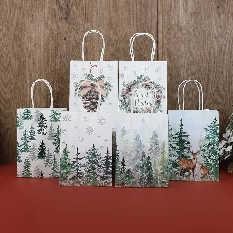 

6Pcs Kraft Gift Bags with Handle Elk Snowflake Christmas Tree Merry Christmas Party Favors Packaging Bag Navidad New Year 2026