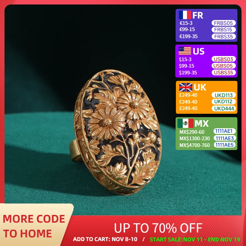 

Vintage Art Deco Ring for Women - 18K Gold-Plated Hand-Carved Floral Enamel Pendant Ring, Luxury Accessory for Formal Occasions