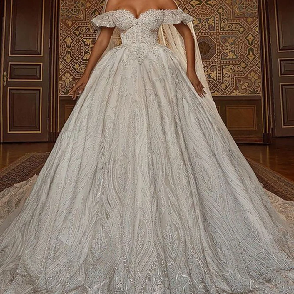 

Luxury Off Shoulder Beading Pearls Sleeveless A-Line Bride Wedding Dresses Bridal Gowns Customized