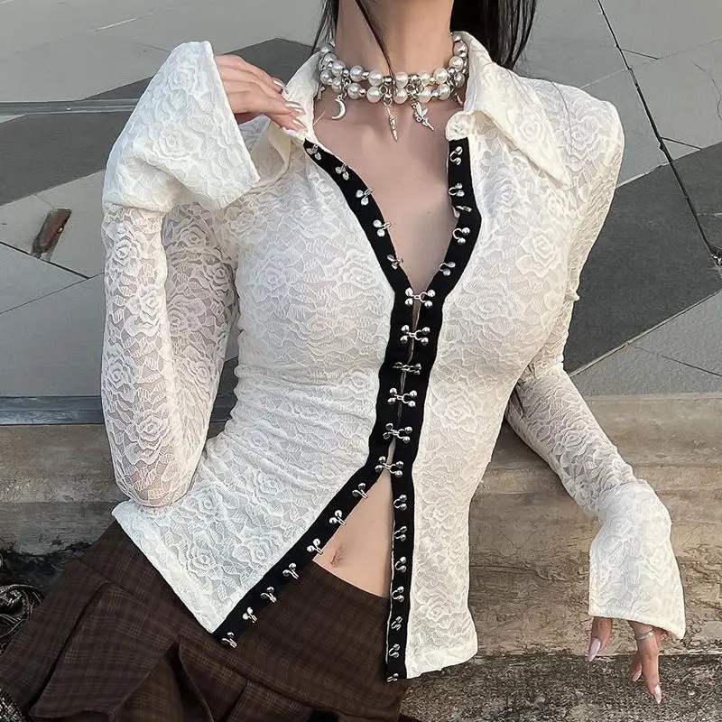 IAMHOTTY French Lace Jacquard Hook and Loop Design Lapel Shirt Temperament Spicy Girl Slim Fit Explosive Long Sleeved Top