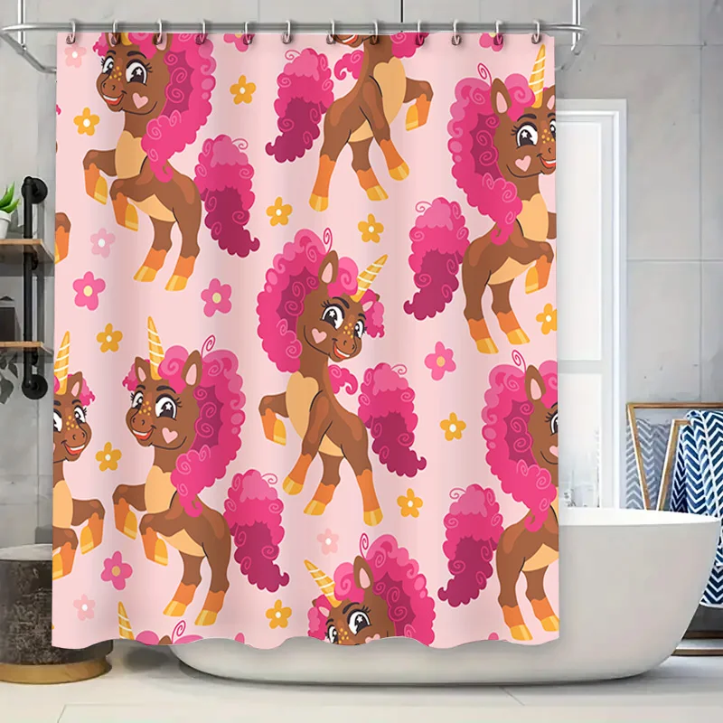 

Cute Unicorn Shower Curtain with Pink Flowers for Bathroom Decor Cartoon Unicorns Bath Mat Printing Waterproof Fabric for Kids B