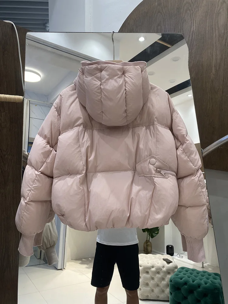 المرأة قصيرة نمط محبوك هوديي الربط الدافئة الأبيض بطة أسفل معطف الطبعة الكورية 2025 شتاء جديد Breadms أسفل معطف #5