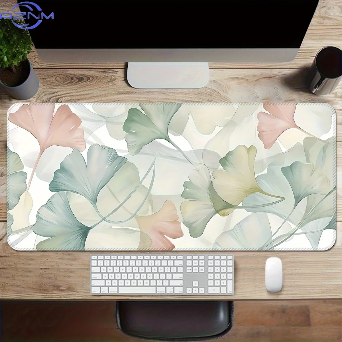 Extra Large Gaming Mouse Pad with Elegant Scattered Ginkgo Leaf Design - Non-Slip Rubber Base & Washable Polyester Surface, Gree
