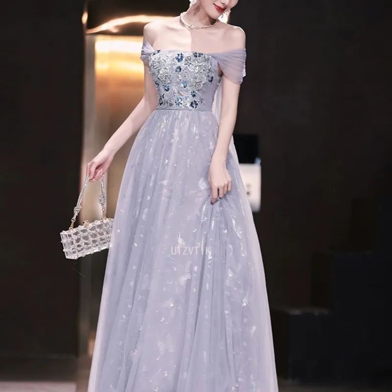 Licht Luxus Lange Abend Party Kleider Frauen Soiree Robe Sexy Off-Schulter Glitter Tüll Abendkleider Prom Kleider Angepasst