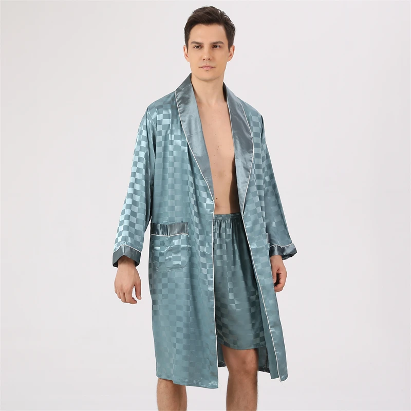 Bathrobe + Shorts Euro/US Size 3XL 140KG Silky Robe Satin Bathrobe Soft Cozy Long-sleeved Hotel Sauna Print Men Kimono Nightgown