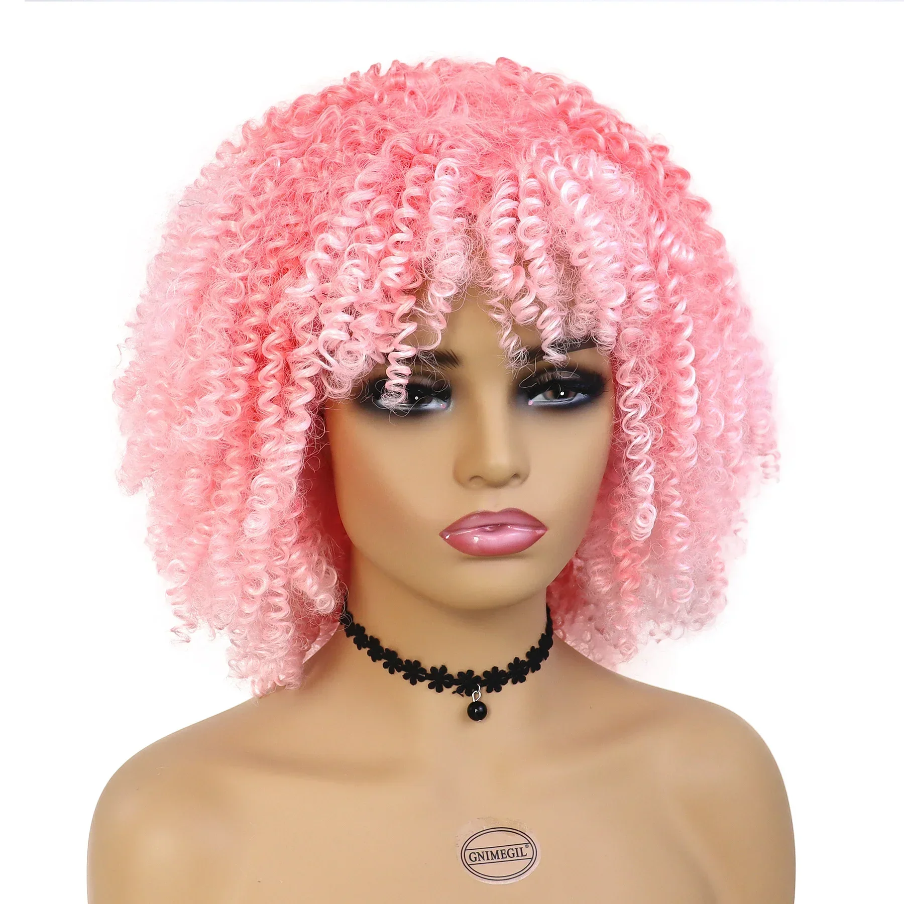 Synthetic Short Pink Wigs with Bang Natural White Women Curly Wig Loose Fluffy Hair Styles Drag Clearance Sale Cheap Wig Cosplay