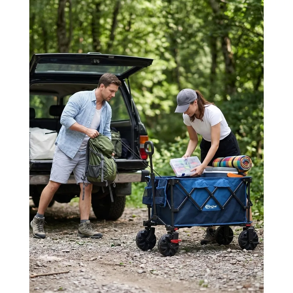 Heavy-Duty Folding Wagon Cart, Large Collapsible Utility Wagon with All-Terrain Wheels for Beach, Camping, Garden & Groce