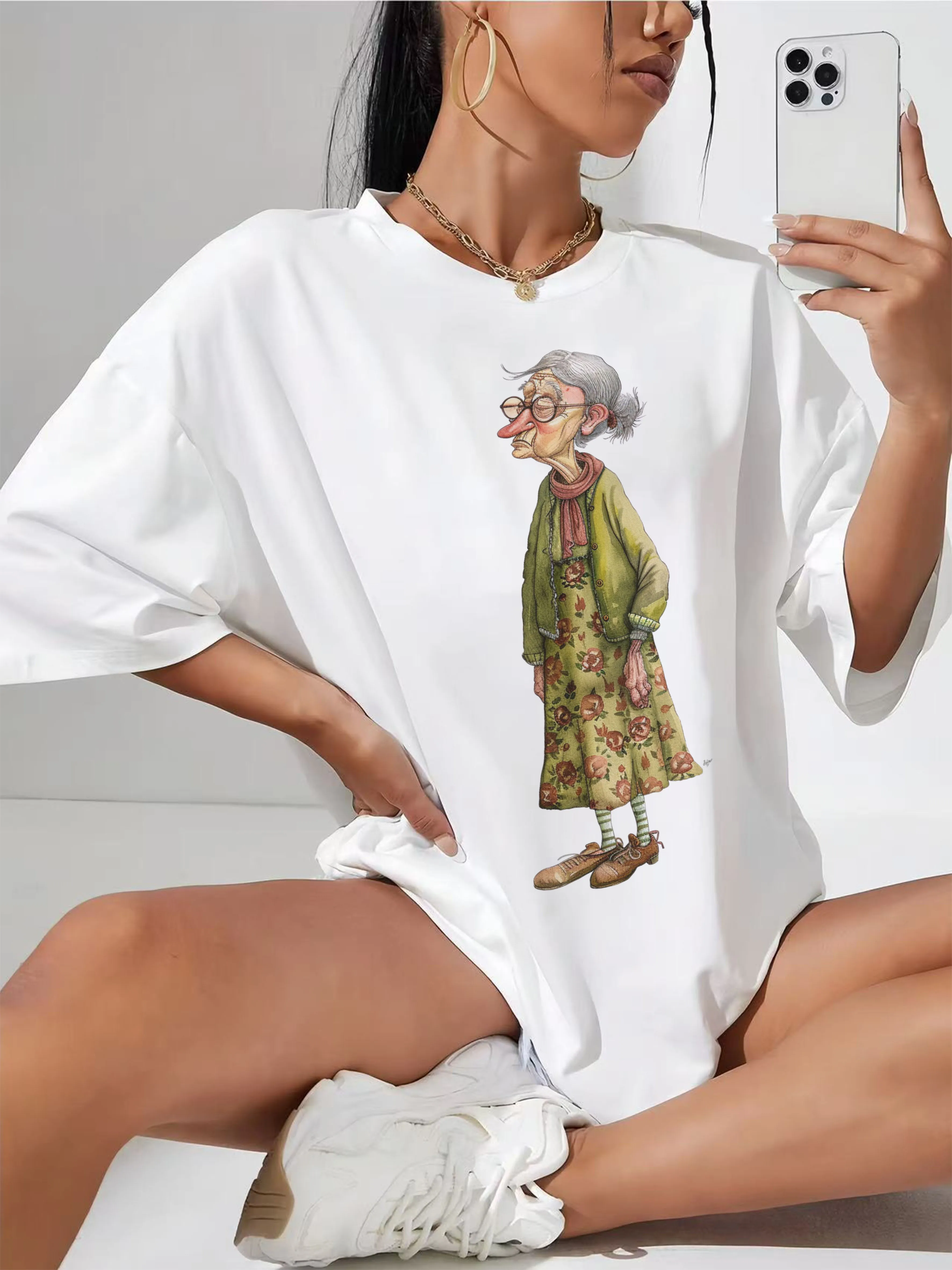 

Quirky-Whimsical-Crazy-Grandma-Clipart Comfortable White T-Shirt for Women Trendy Loose Fit Ideal for Casual Summer Wear