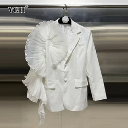 VGH Solid Patchwork Mesh Ruffles Blazers For Women Notched Collar Long Sleeve Spliced Single Breasted Casual Blazer Female New